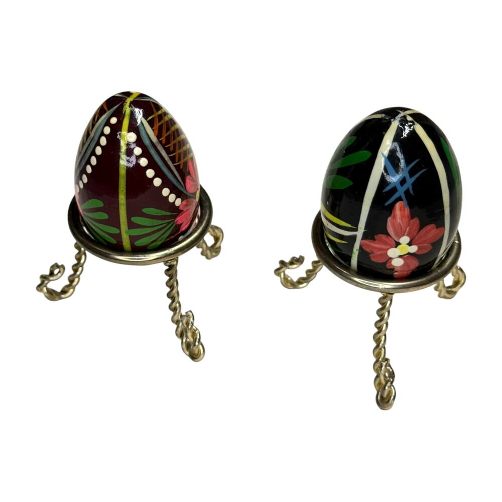 2 Painted Decorative Eggs with Metal Stands Floral Folk Art Unbranded - Picture 2 of 9
